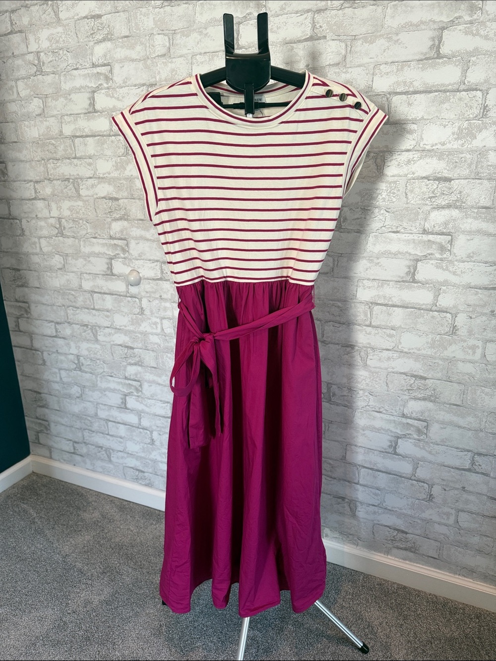 J. Crew Cream & Fuchsia Striped Dress with Tie Waist